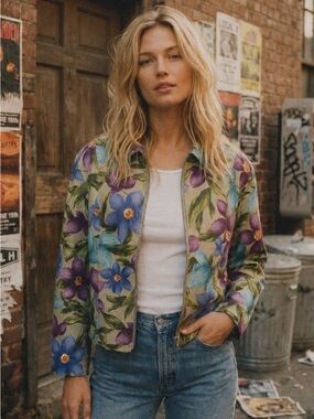 |VTG| 90s Linen Blend Floral Full Zip Boxy Bomber Jacket